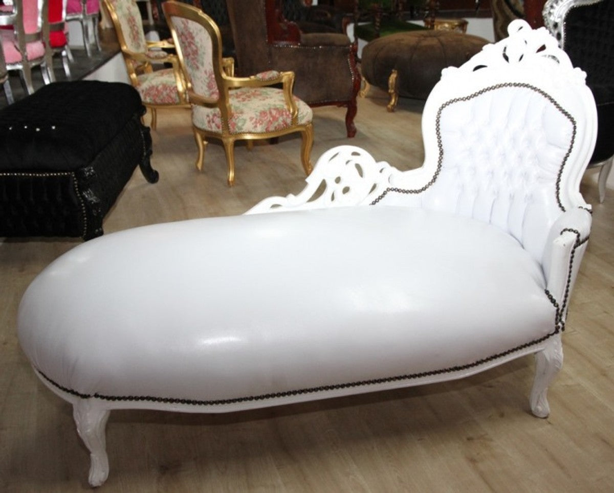 Barock Chaiselongue Weiß/Weiß Lederoptik - Recamiere Liege Lounge