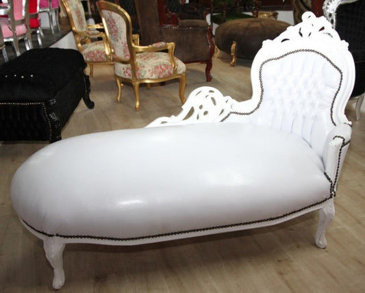 Barock Chaiselongue Weiß/Weiß Lederoptik - Recamiere Liege Lounge