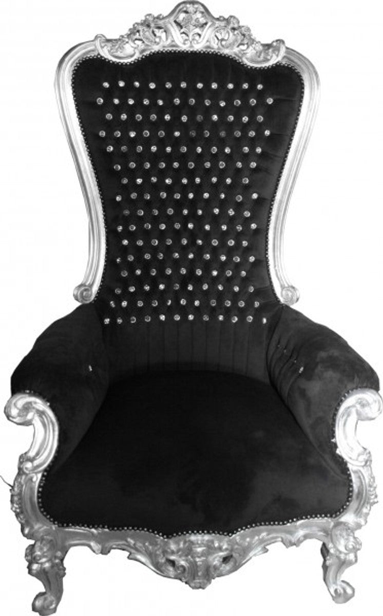 Barock Thron Sessel Majestic Schwarz/Silber mit Bling Bling Glitzersteinen - Riesensessel -Thron Stuhl Tron