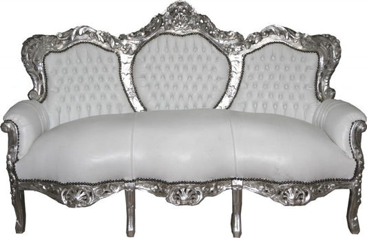 Barock Sofa King Weiß/Silber Lederoptik - Möbel Wohnzimmer
