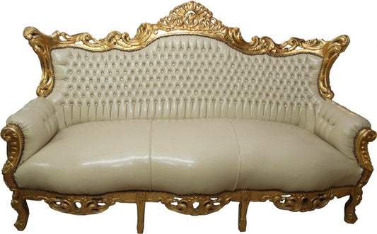 Barock 3er Sofa Master Creme Lederoptik / Gold mit Bling Bling Glitzersteinen - Antik Stil Möbel
