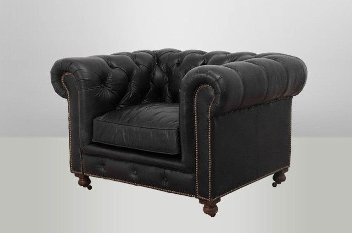 Chesterfield Luxus Echt Leder Sessel Vintage Leder von Old Saddle Black - Club Sessel