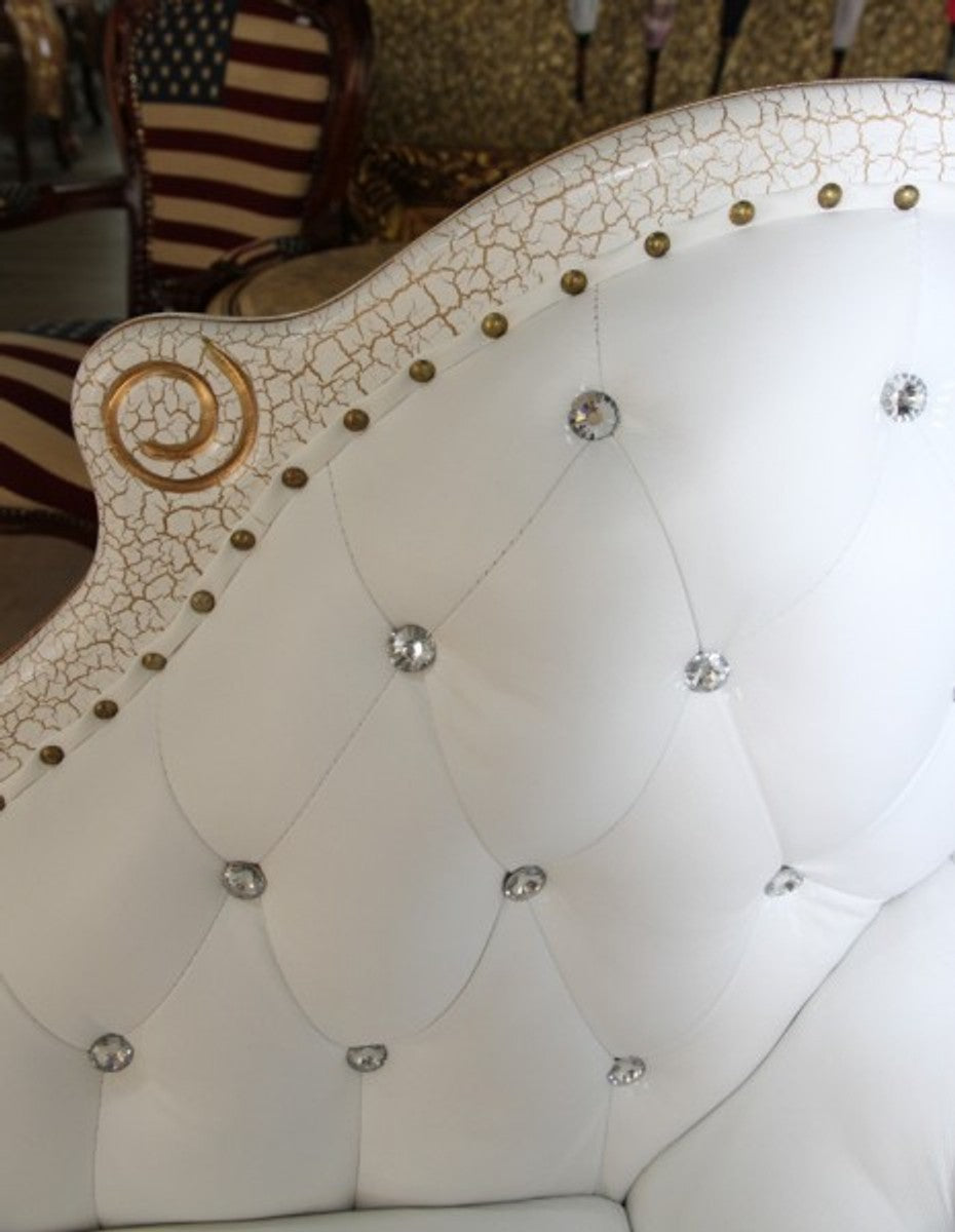 Barock Chaiselongue Weiß / Gold / Echt Leder Chaise Lonque - Recamiere aus dem Hause - Liege Sofa Wohnzimmer Möbel