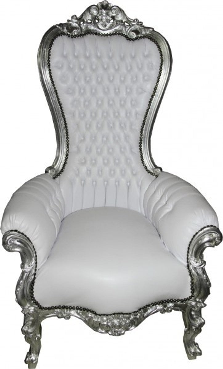 Barock Thron Sessel Majestic Medium Weiß Lederoptik /Silber - Riesensessel - Thron Stuhl Tron