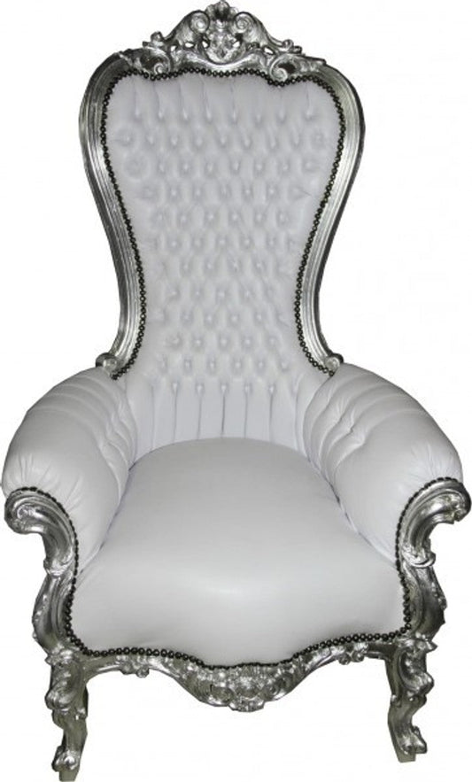 Barock Thron Sessel Majestic Medium Weiß Lederoptik /Silber - Riesensessel - Thron Stuhl Tron