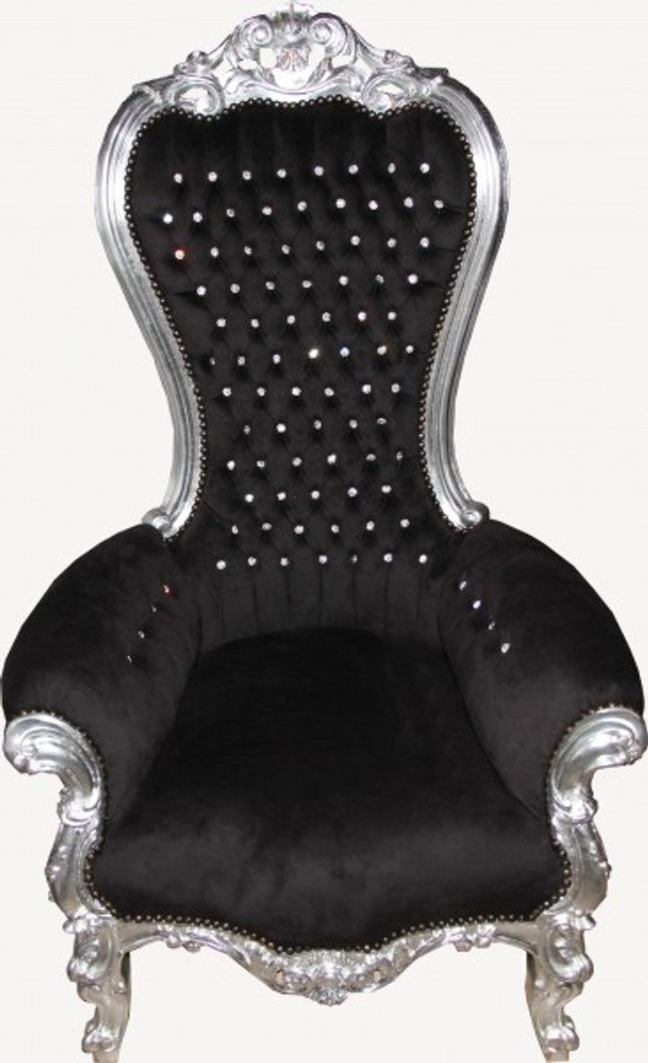 Barock Thron Sessel Majestic Medium Schwarz/Silber mit Bling Bling Glitzersteinen - Riesensessel - Thron Stuhl Tron