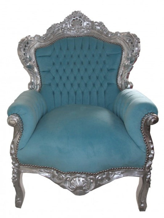 Barock Sessel King Blau / Silber Möbel Antik Stil