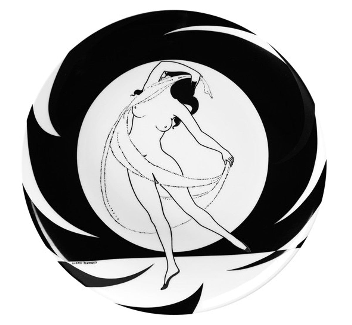 Handgearbeitete Schale aus Porzellan mit einem Motiv von Audrey Beardsley Tanzende Frau mit Tuch, Durchmesser 30 cm - feinste Qualität aus der Tettau Porzellanfabrik - wunderschöne flache Schale