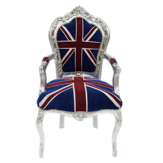 Barock Esszimmer Stuhl mit Armlehnen Union Jack / Silber - Möbel Antik Stil