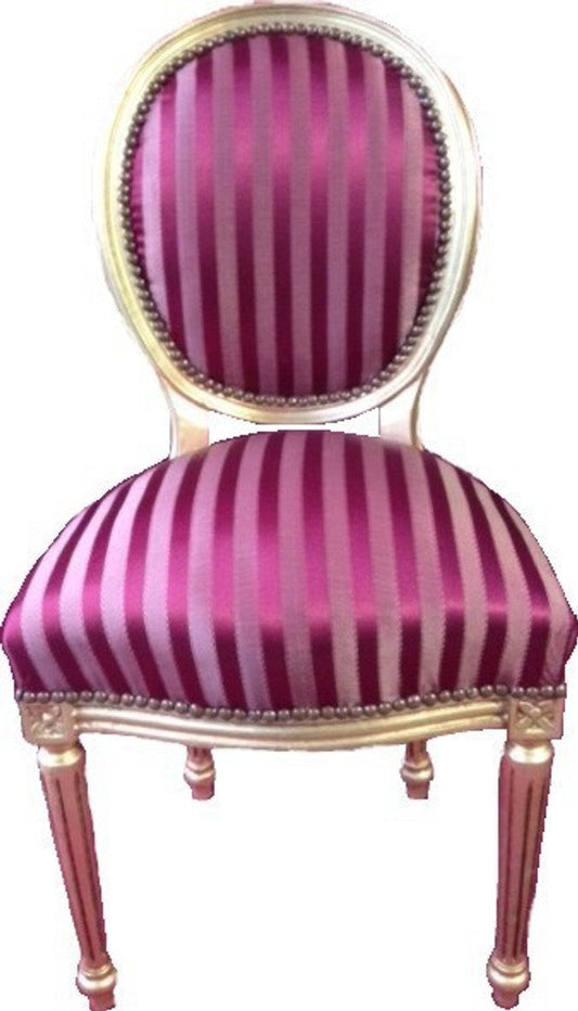 Barock Esszimmer Stuhl Bordeauxrot / Violett Streifen / Gold Mod2 / Rund