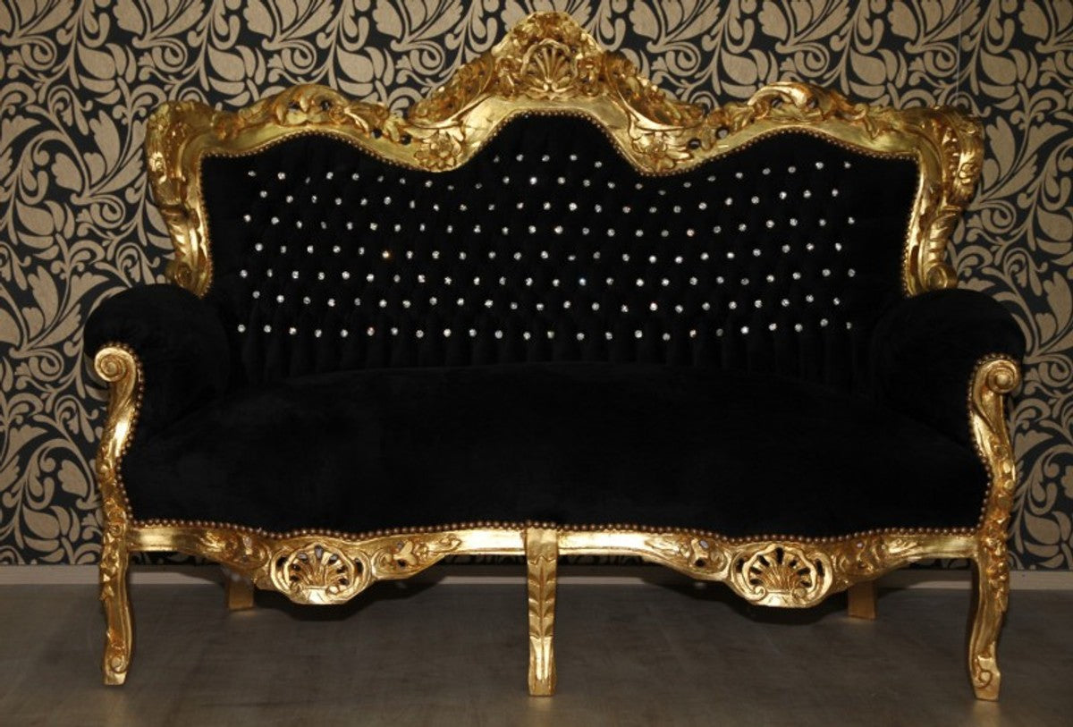 Barock 2er Sofa Master Schwarz / Gold mit Bling Bling Glitzersteinen