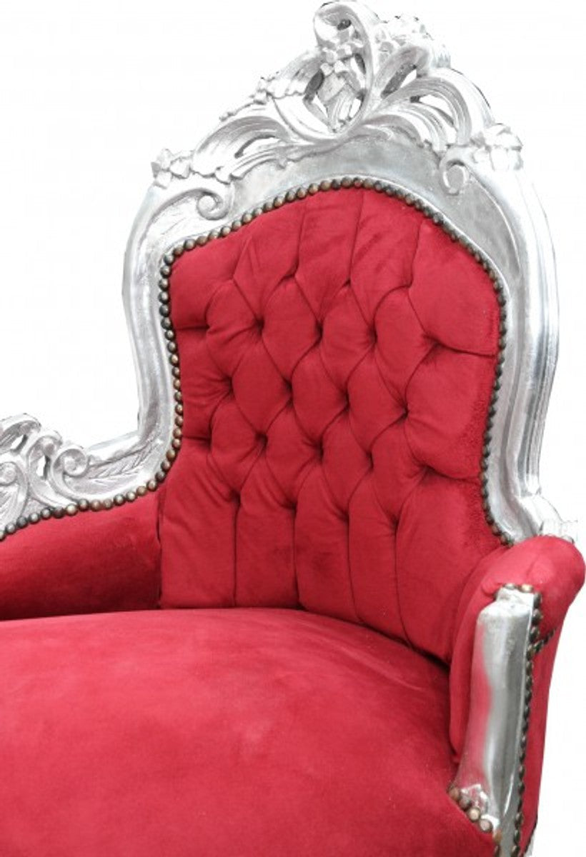 Barock Chaiselongue Bordeaux Rot / Silber - Lounge Liege Recamiere Möbel