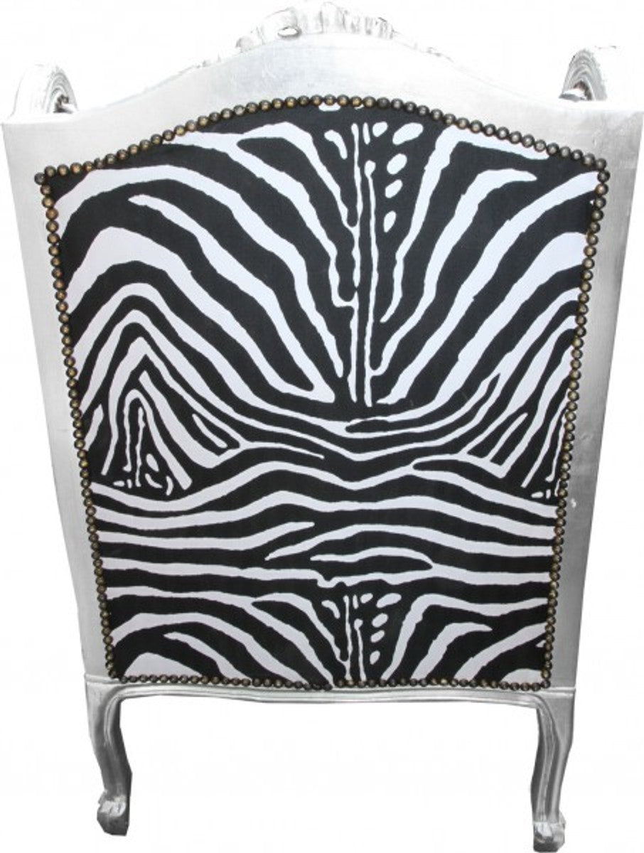 Barock Lounge Thron Sessel Zebra / Silber - Ohren Sessel - Ohrensessel Tron Stuhl