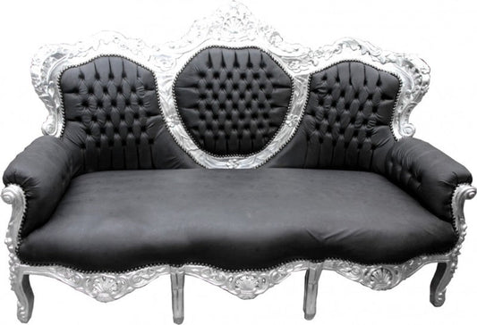 Barock Sofa King Schwarz Lederoptik / Silber - Wohnzimmer Möbel Couch Lounge