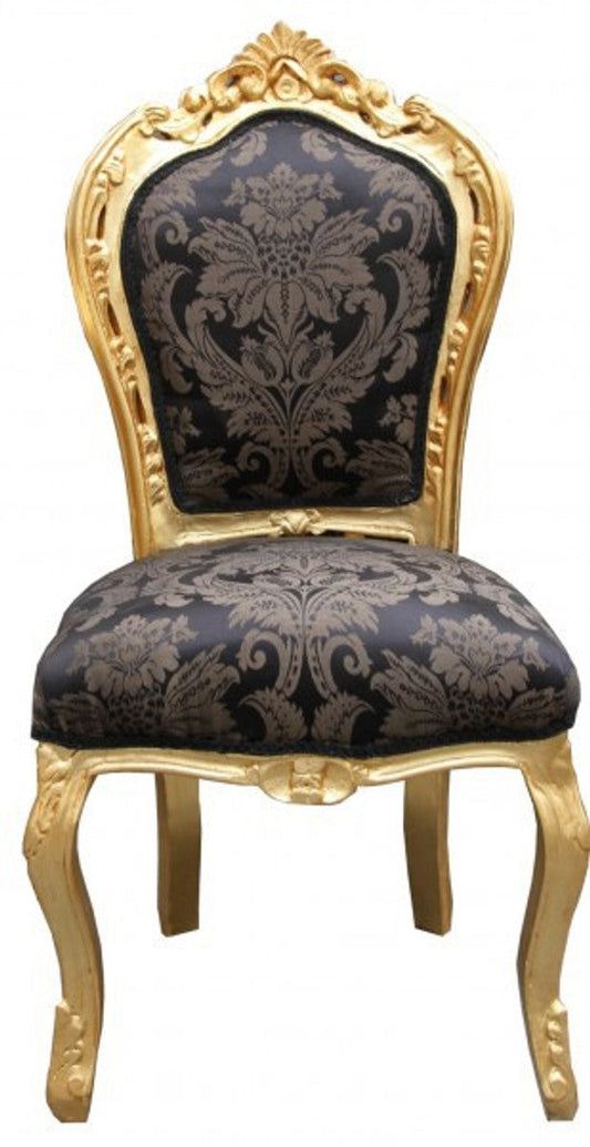 Barock Esszimmer Stuhl Schwarz Muster / Gold - Antik Möbel