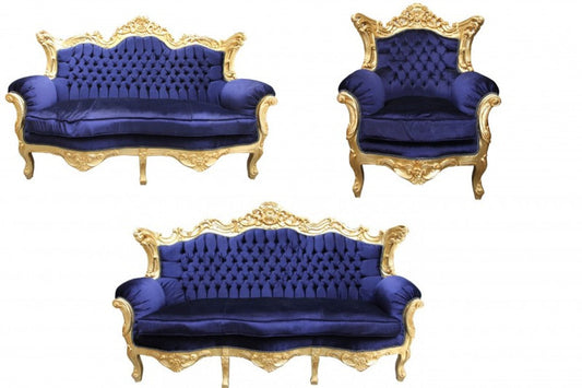 Barock Wohnzimmer Set Royal Blau /Gold - 3er Sofa+2er Sofa + 1 Sessel