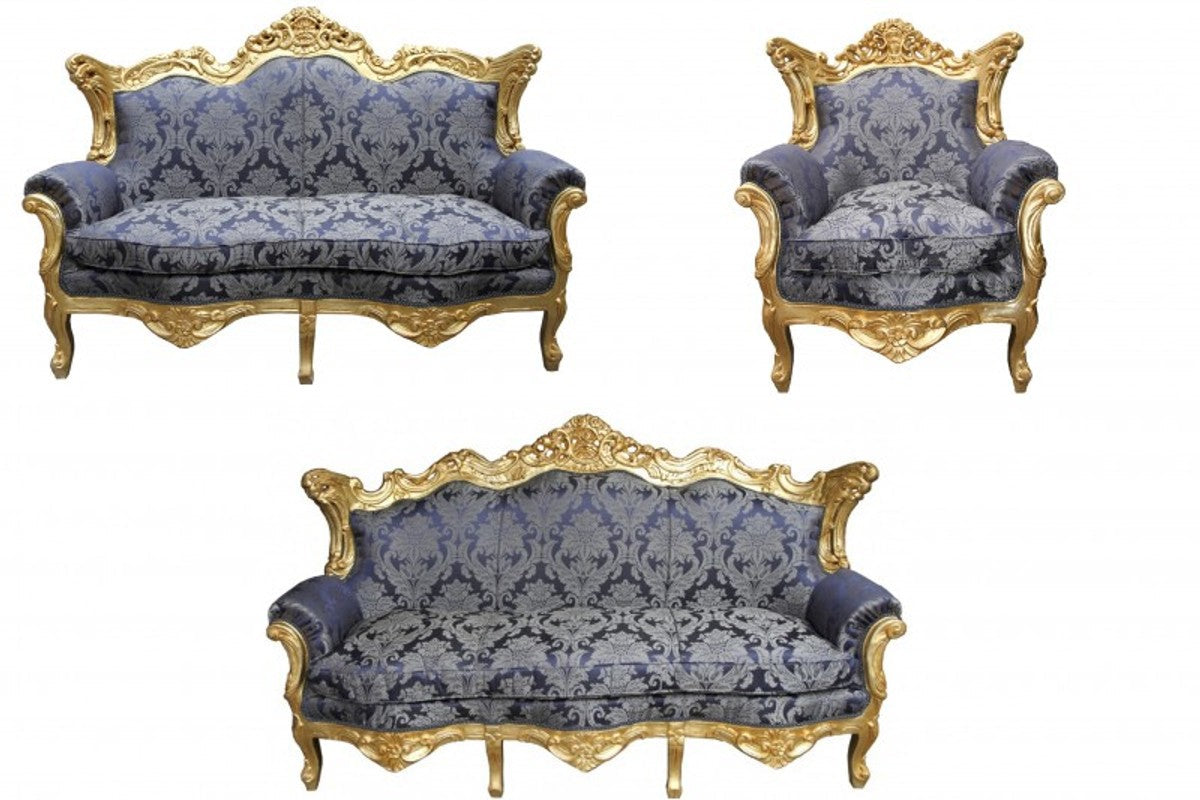 Barock Wohnzimmer Set Royal Blau Muster/ Gold - 3er Sofa+2er Sofa + 1 Sessel