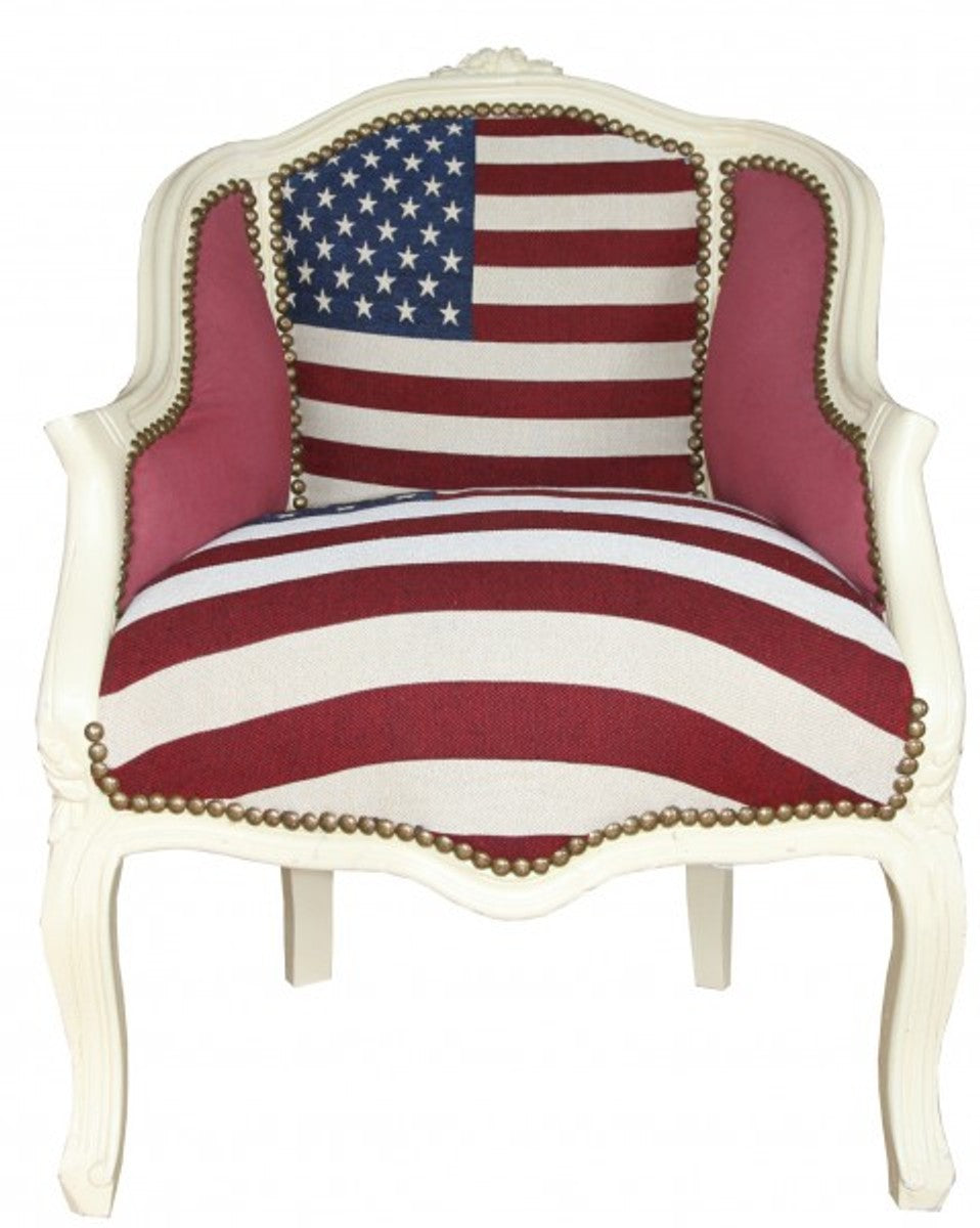 Barock Damen Salon Sessel USA Design / Creme - Möbel Antik Stil- USA Flagge