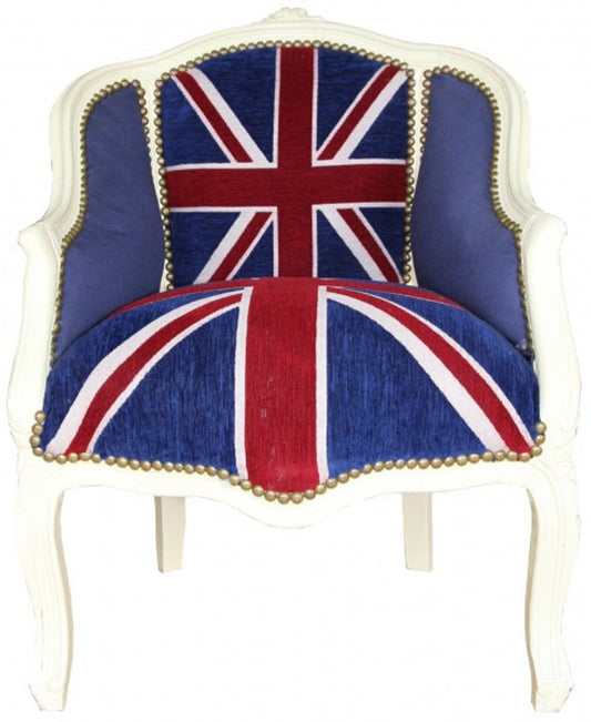 Barock Damen Salon Sessel Union Jack / Creme - Möbel Antik Stil- England Flagge