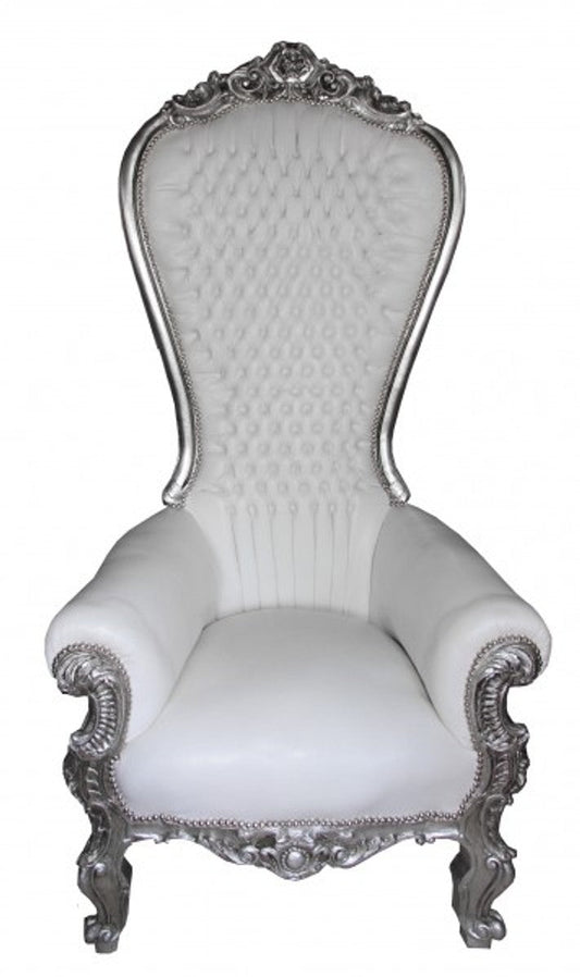 Barock Thron Sessel Majestic Mod2 Weiß / Silber - Riesensessel - Thron Stuhl Tron