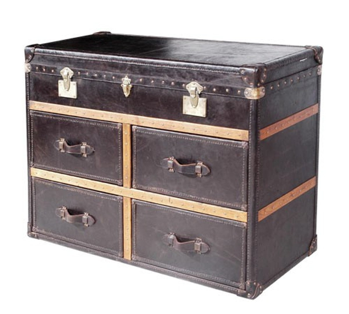 Art Deco Luxus Echtleder Kommode / Truhe Schwarz L123 x B52 x H83 cm - Echt Leder Vintage Look