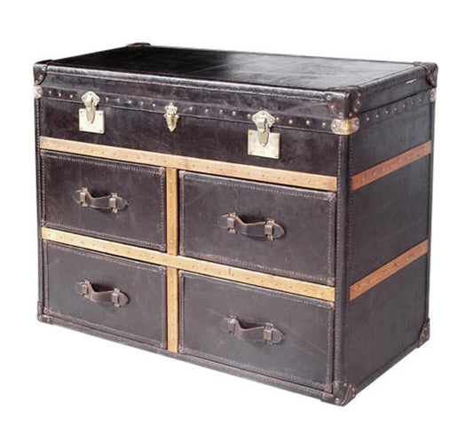 Art Deco Luxus Echtleder Kommode / Truhe Schwarz L123 x B52 x H83 cm - Echt Leder Vintage Look