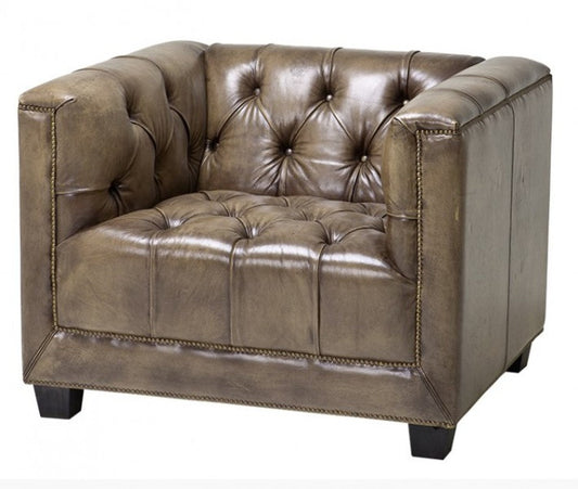 Chesterfield Luxus Echt Leder Sessel Kubus Vintage Leder Olive - Club Sessel