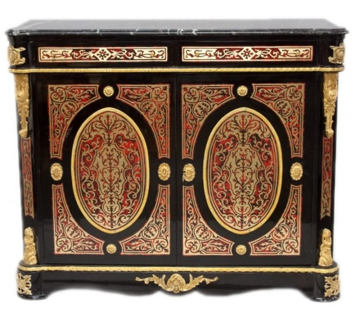 Barock Boulle Kommode Schwarz / Gold / Rot mit Marmorplatte 125 cm - Möbel Schrank Sideboard