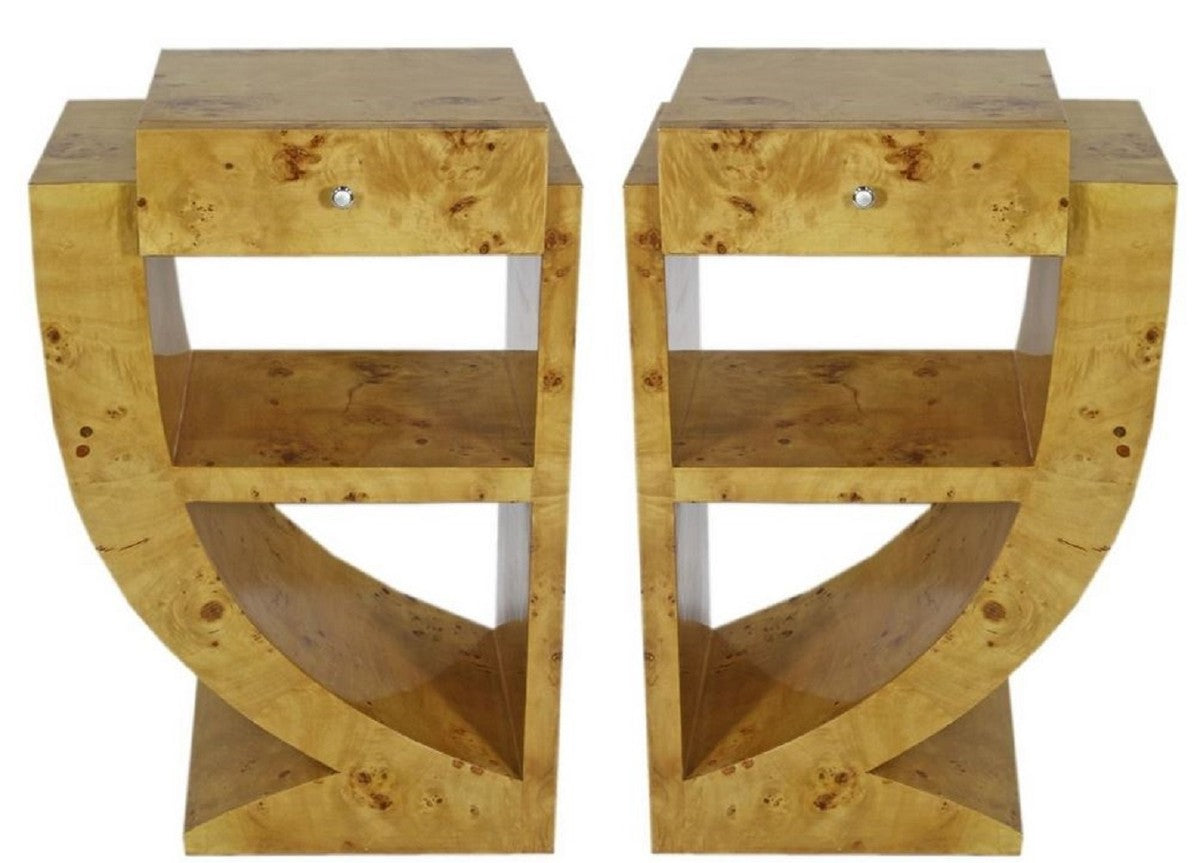 Art Deco Beistelltisch Set Hellbraun 50 x 40 x H. 75 cm - Wurzelholz Beistelltische mit Schublade - Nachttische - Luxus Qualität