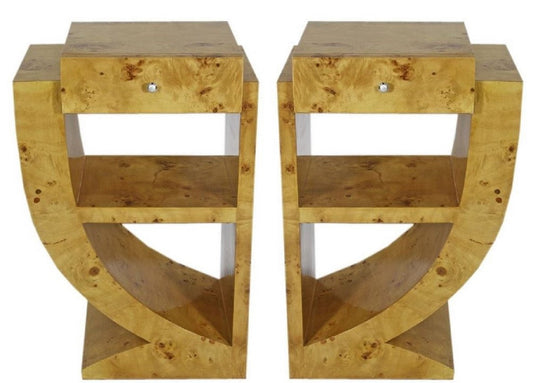 Art Deco Beistelltisch Set Hellbraun 50 x 40 x H. 75 cm - Wurzelholz Beistelltische mit Schublade - Nachttische - Luxus Qualität