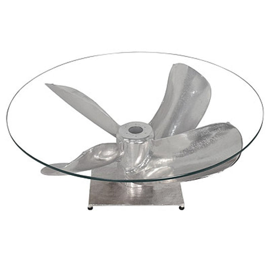 Art Deco Designer Flieger Couchtisch Propeller Aluminium mit Glasplatte 89 x 65 x H 33 cm- Vintage Look