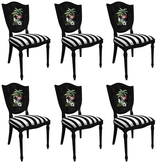 Art Deco Esszimmerstuhl Set Weiß / Mehrfarbig / Schwarz - 6 Handgefertigte Art Deco Küchen Stühle mit Design und Streifen - Art Deco Esszimmer Möbel