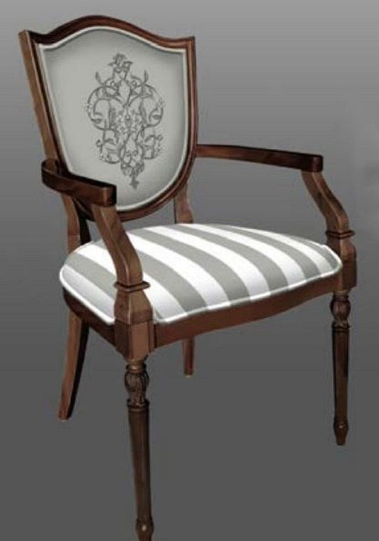 Art Deco Esszimmerstuhl mit Armlehnen Grau / Weiß / Braun - Gestreifter Massivholz Stuhl mit elegantem Muster - Art Deco Esszimmer Möbel