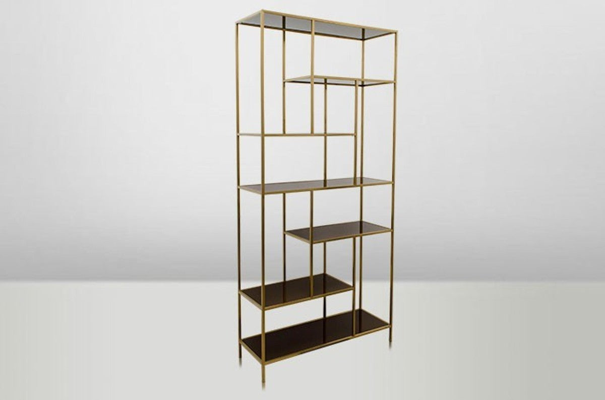 Art Deco Luxus Regal Schrank Edelstahl Gold mit getönten Glasböden H210 x 98 x 35 cm - Bücherregal Regal Schrank - Jugendstil Möbel