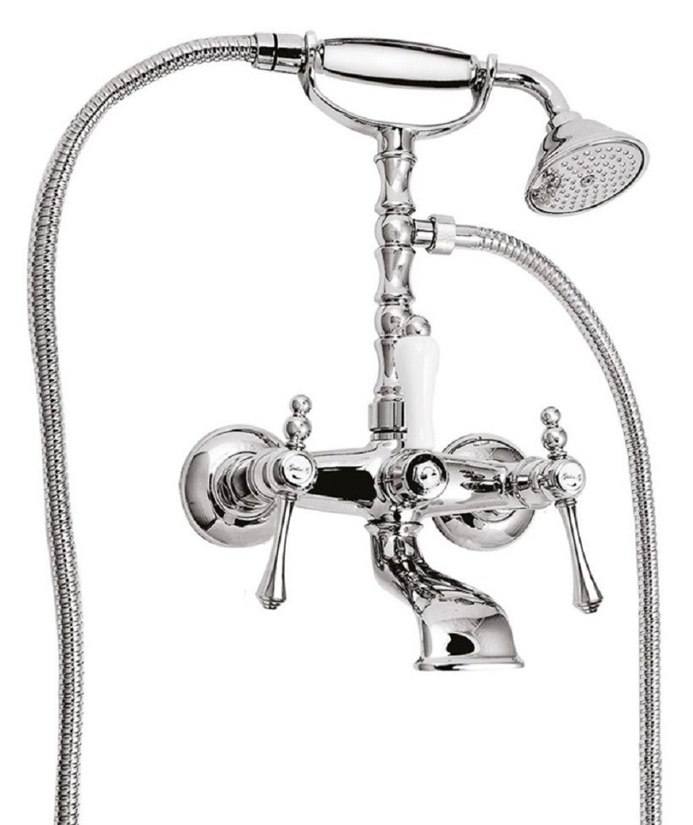 Jugendstil Badewannen Armatur mit Brause Silber / Weiß H. 35,5 cm - Nostalgisches Bad Zubehör - Erstklassische Qualität - Made in Italy