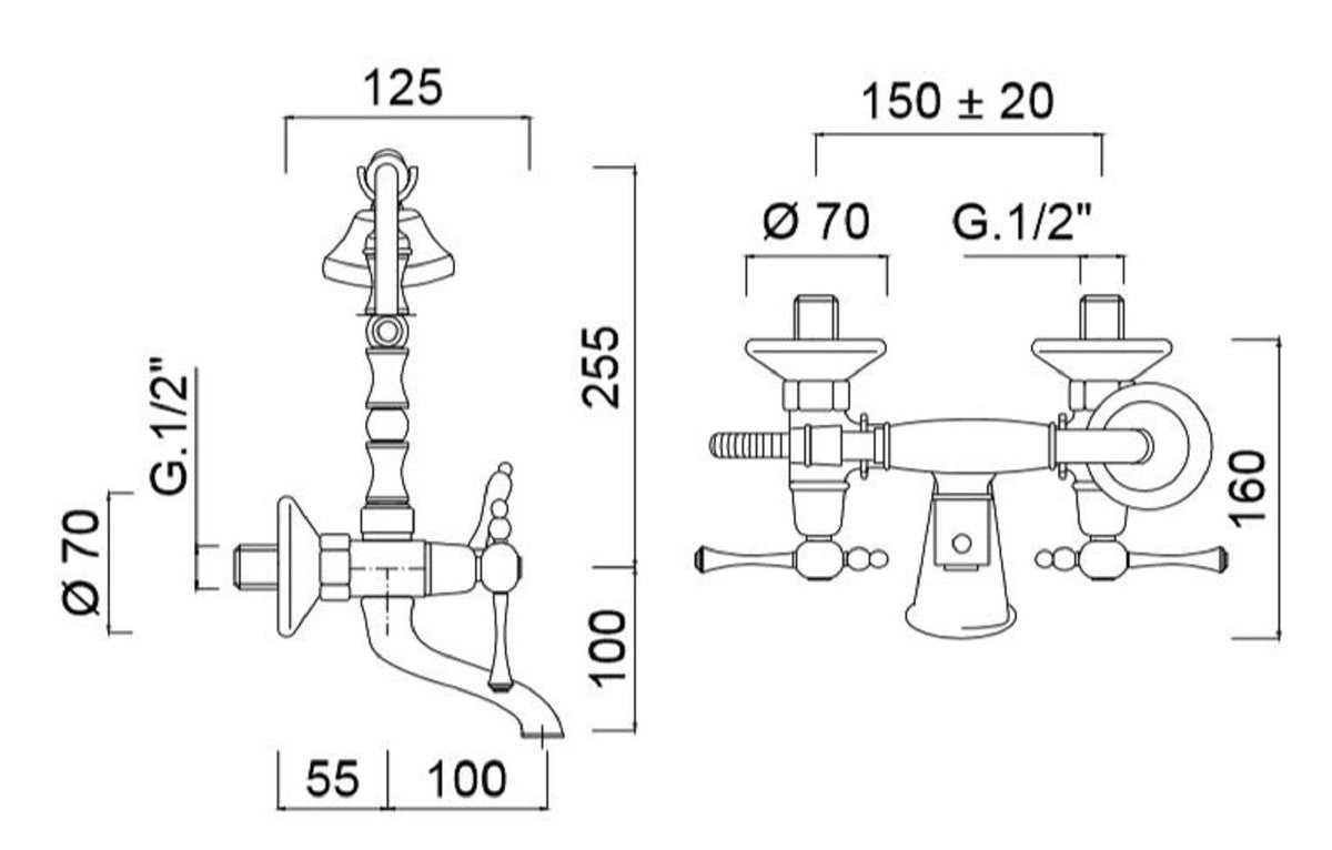 Jugendstil Badewannen Armatur mit Brause Silber / Weiß H. 35,5 cm - Nostalgisches Bad Zubehör - Erstklassische Qualität - Made in Italy