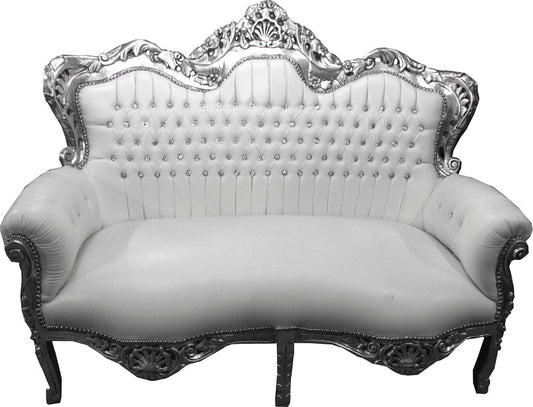 Barock 2-er Sofa King Weiß Lederoptik / Silber mit Bling Bling Glitzersteinen - Wohnzimmer Couch Möbel Lounge