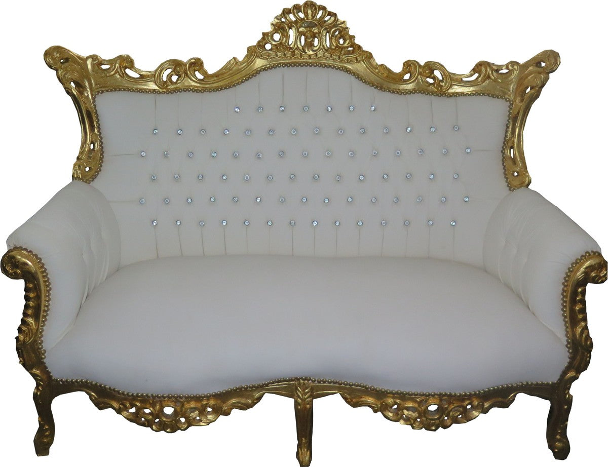 Barock 2-er Sofa Master Weiß Lederoptik / Gold mit Bling Bling Glitzersteinen - Antik Stil Möbel - Limied Edition