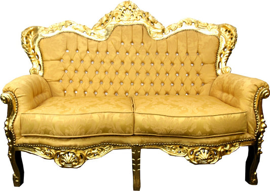 Barock 2er Sofa Gold Muster / Gold mit Bling Bling Glitzersteinen - Antik Stil Wohnzimmer Möbel