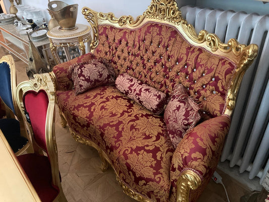 Barock 2er Sofa Bordeaux Muster / Gold mit Bling Bling Glitzersteinen und Kissen - Antik Stil Wohnzimmer Möbel