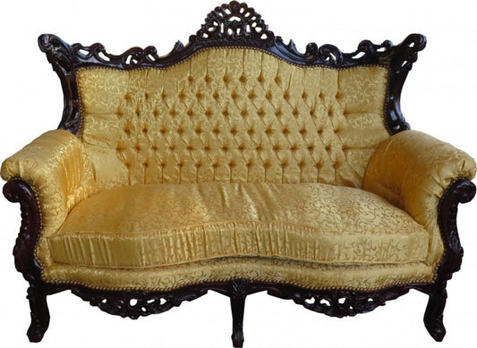 Barock 2-er Sofa Master Gold Muster / Mahagoni Braun - Antik Stil Wohnzimmer Möbel