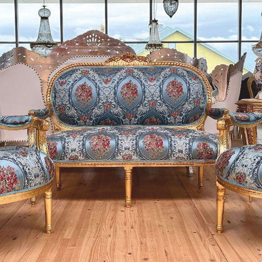 Barock 2er Sofa Hellblau / Bunt / Gold 150 cm - Barock Möbel