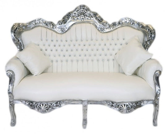 Barock 2er Sofa Master Weiß Lederoptik / Silber - Wohnzimmer Couch Möbel Lounge