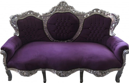 Barock 3er Sofa King Lila / Silber mit Bling Bling Glitzersteinen - Wohnzimmer Couch Möbel Lounge
