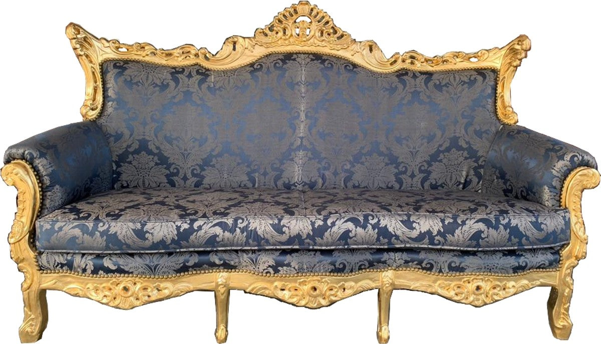 Barock 3er Sofa Master Blau Muster / Gold - Wohnzimmer Couch Möbel Lounge