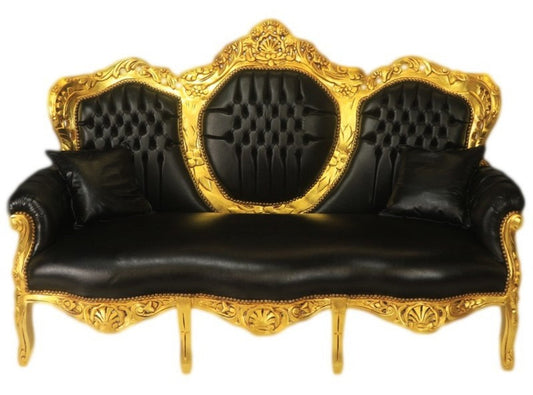 Barock 3er Sofa King Schwarz Lederoptik / Gold - Wohnzimmer Couch Möbel Lounge