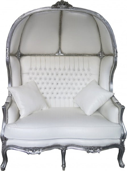Barock 2er Ballon Sofa Weiß Lederoptik / Silber - Wohnzimmer Couch Möbel Lounge Hochzeit