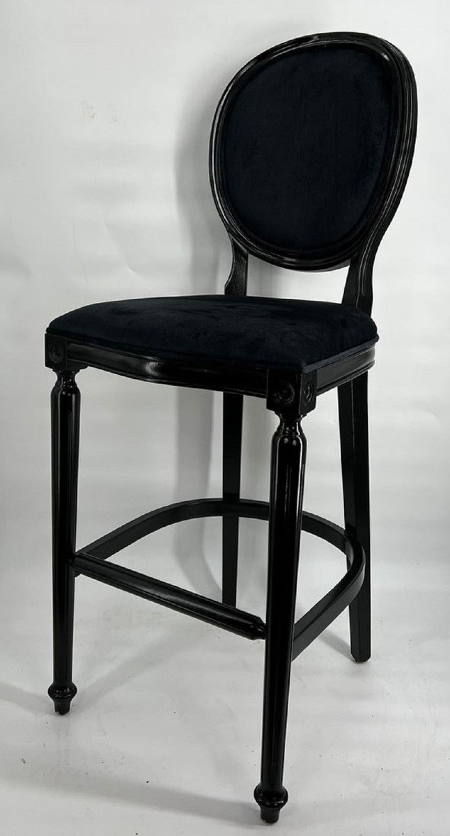 Barock Barstuhl Schwarz - Handgefertigter Massivholz Barhocker mit edlem Samtstoff - Barock Bar Möbel - Edel & Prunkvoll