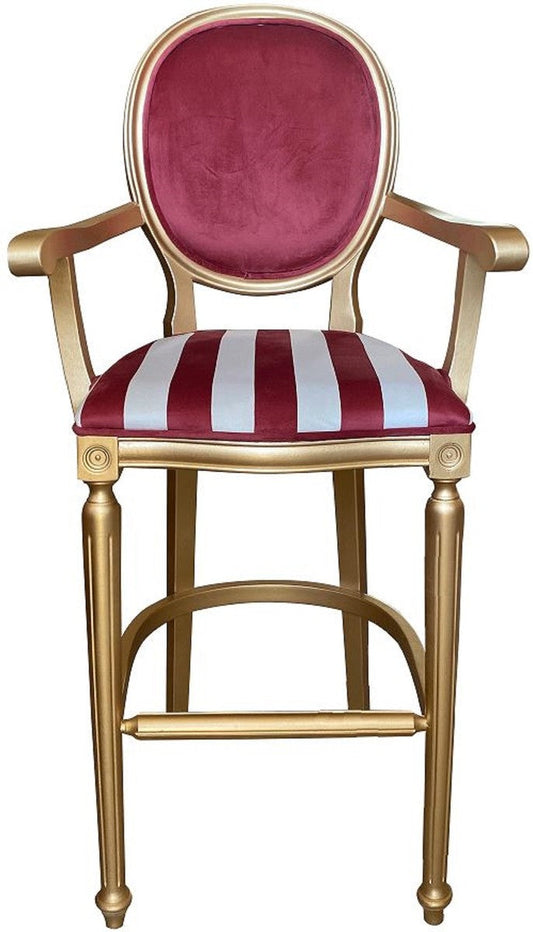Barock Barstuhl mit Armlehnen Bordeauxrot / Weiß / Gold - Gestreifter Antik Stil Samt Barhocker - Handgefertigte Barock Barmöbel