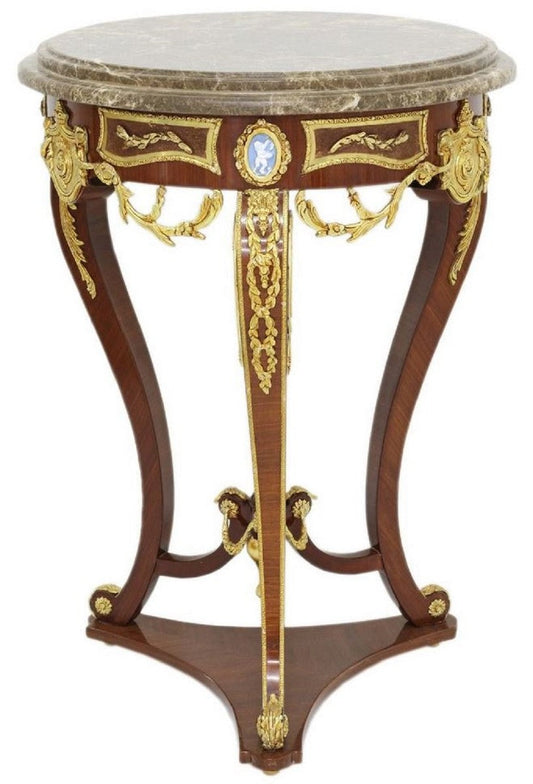 Barock Beistelltisch Braun / Gold / Grau Ø 55 x H. 78 cm - Runder Massivholz Tisch im Barockstil - Barock Wohnzimmer Möbel